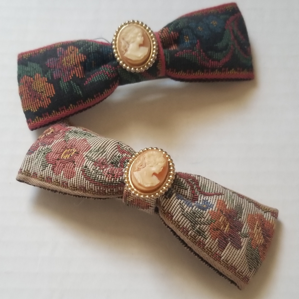 Vintage 1980s Tapestry Multicolor Hair Bow Barrettes with Cameo Accents France